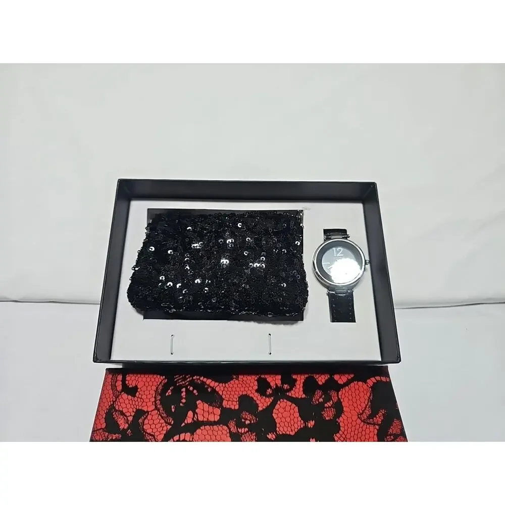 Ensemble Womens Watch & Small Purse Set Quartz Watch Black Leather Sequin Purse